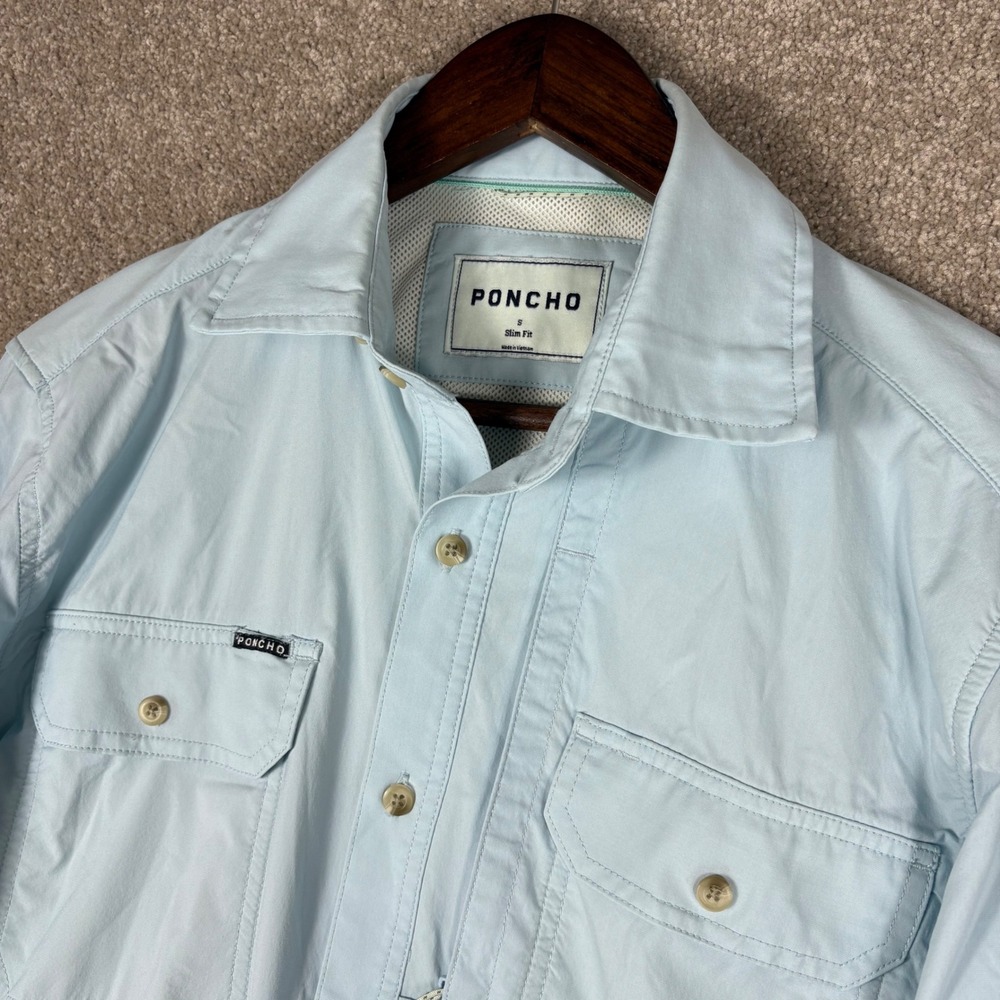 Poncho Outdoors Mens Small Slim Fit Performance Fishing Shirt Light Blue LS